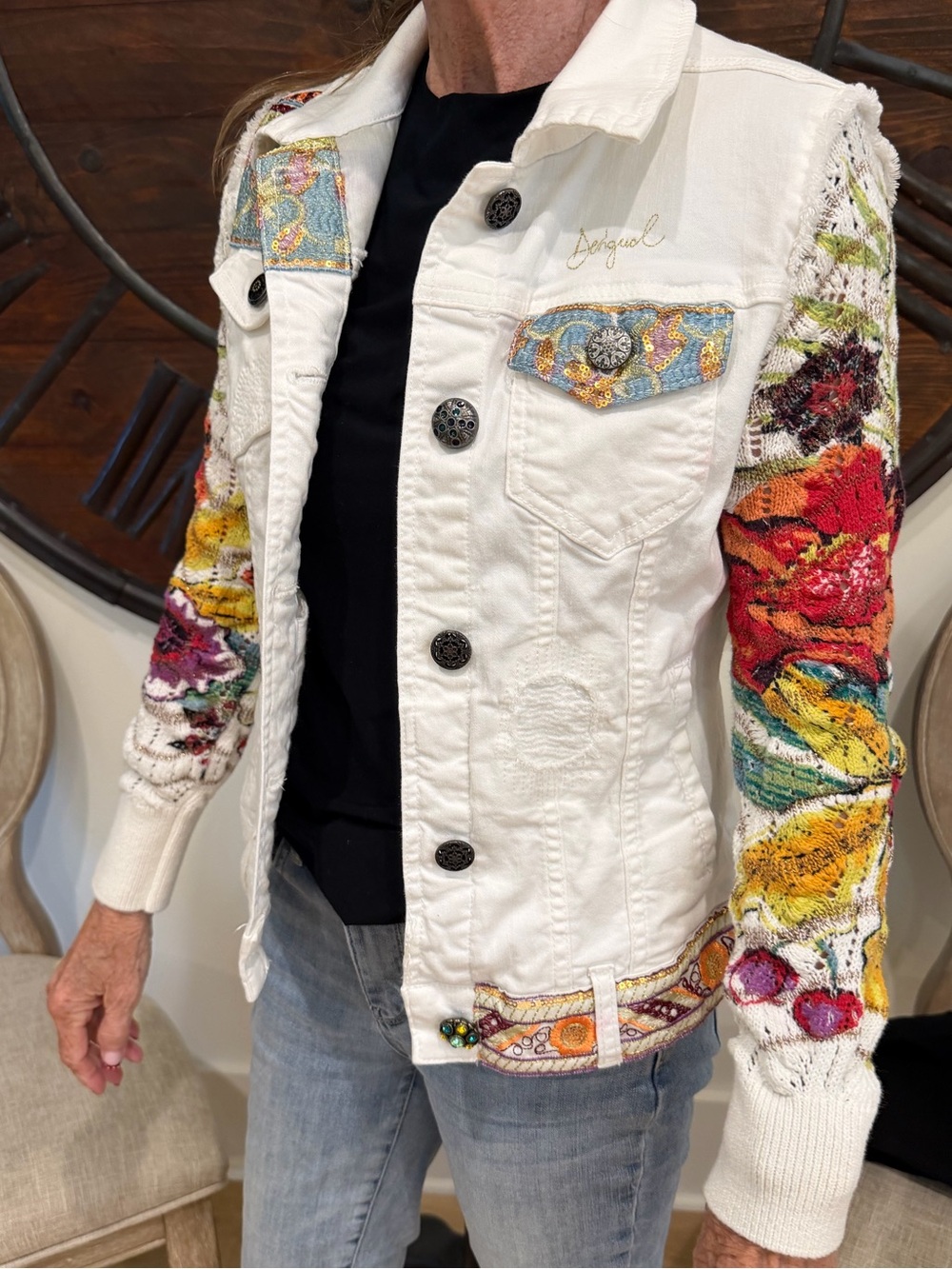 Desigual White Denim Jacket with Multicolor Floral Knit Sleeves